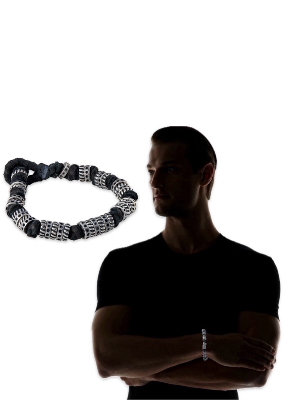 NWT [Ettika] Mixed Media Beads/Deerskin Leather Knot Black/Silver Bracelet Men’s